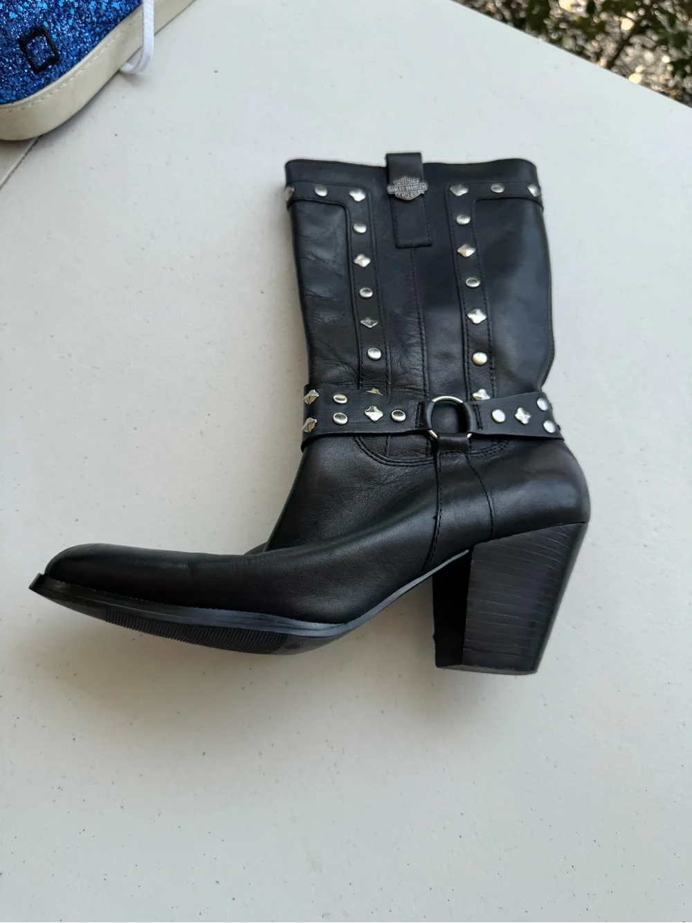 Harley-Davidson Black Studded Mid-Calf Block Heel Boots